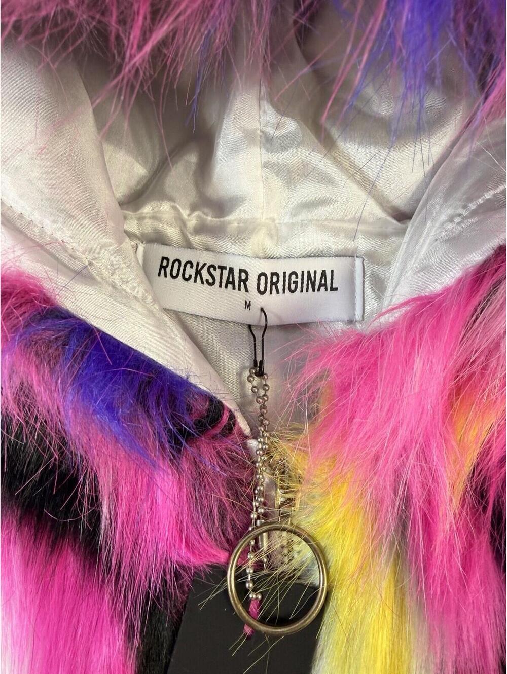 Rockstar Original Women Faux Fur Multicolor Hooded Crop Jacket NWT Size M - Picture 8 of 16